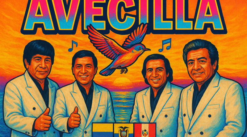 Portada ilustrada de la canción Avecilla, inspirada en Agua Marina, con paisaje marino y banderas de Colombia, Ecuador y Perú.