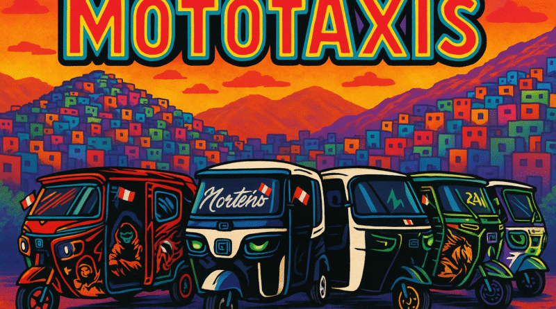 Afiche artístico popular con mototaxis peruanas frente a los cerros coloridos de Lima.