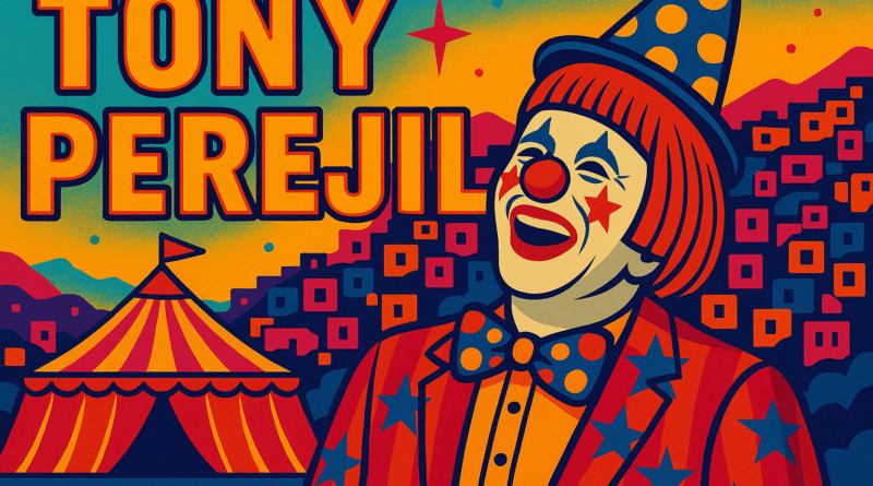 Ilustración colorida de Tony Perejil, payaso peruano legendario, con fondo de cerros limeños y carpa de circo, estilo chicha popular.